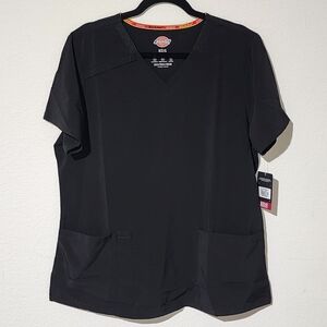 Dickies Women's V-neck Black Scrub Shirt With Two Front Pockets And Pen Pocket